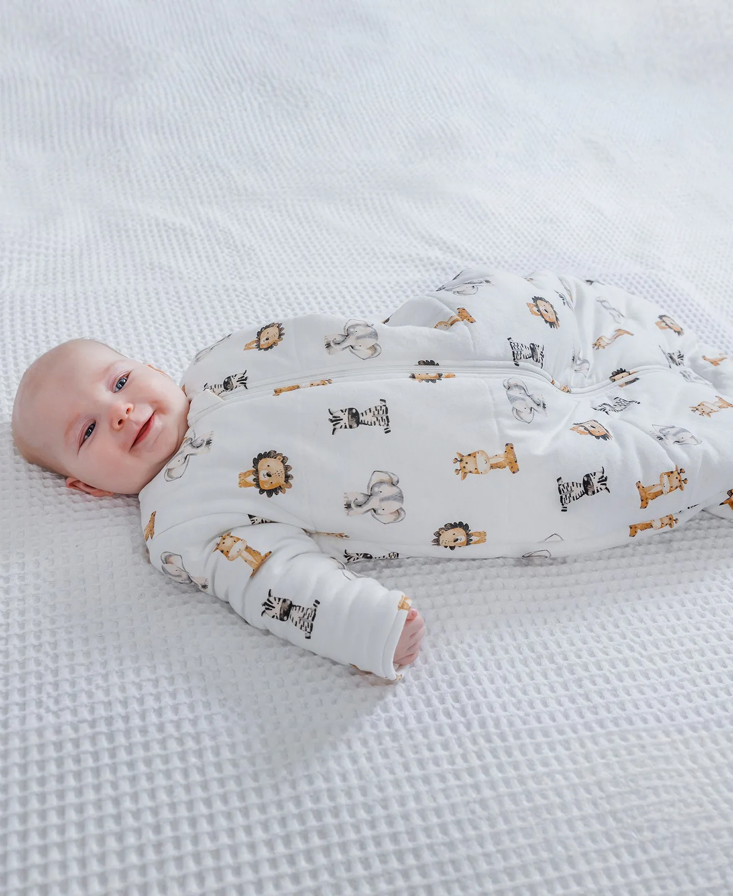 Babies' Long Sleeve Padded Sleeping Bag 3.0 TOG Rating in Bright White Animals | Postie