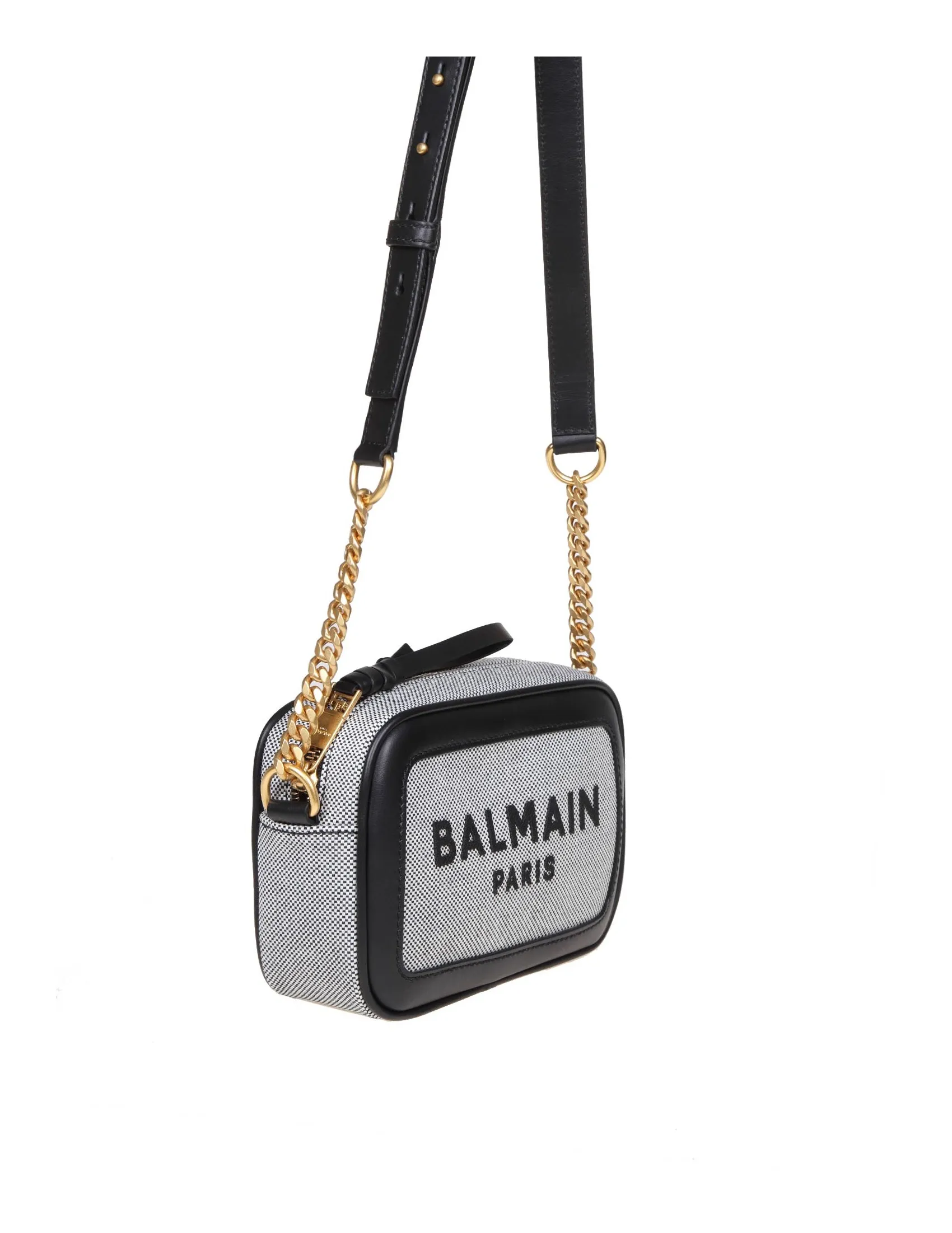 BALMAIN B-ARMY CAMERA BAG CASE IN CANVAS COLOR WHITE/BLACK