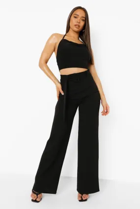 Belted Wide Leg Crepe Pants