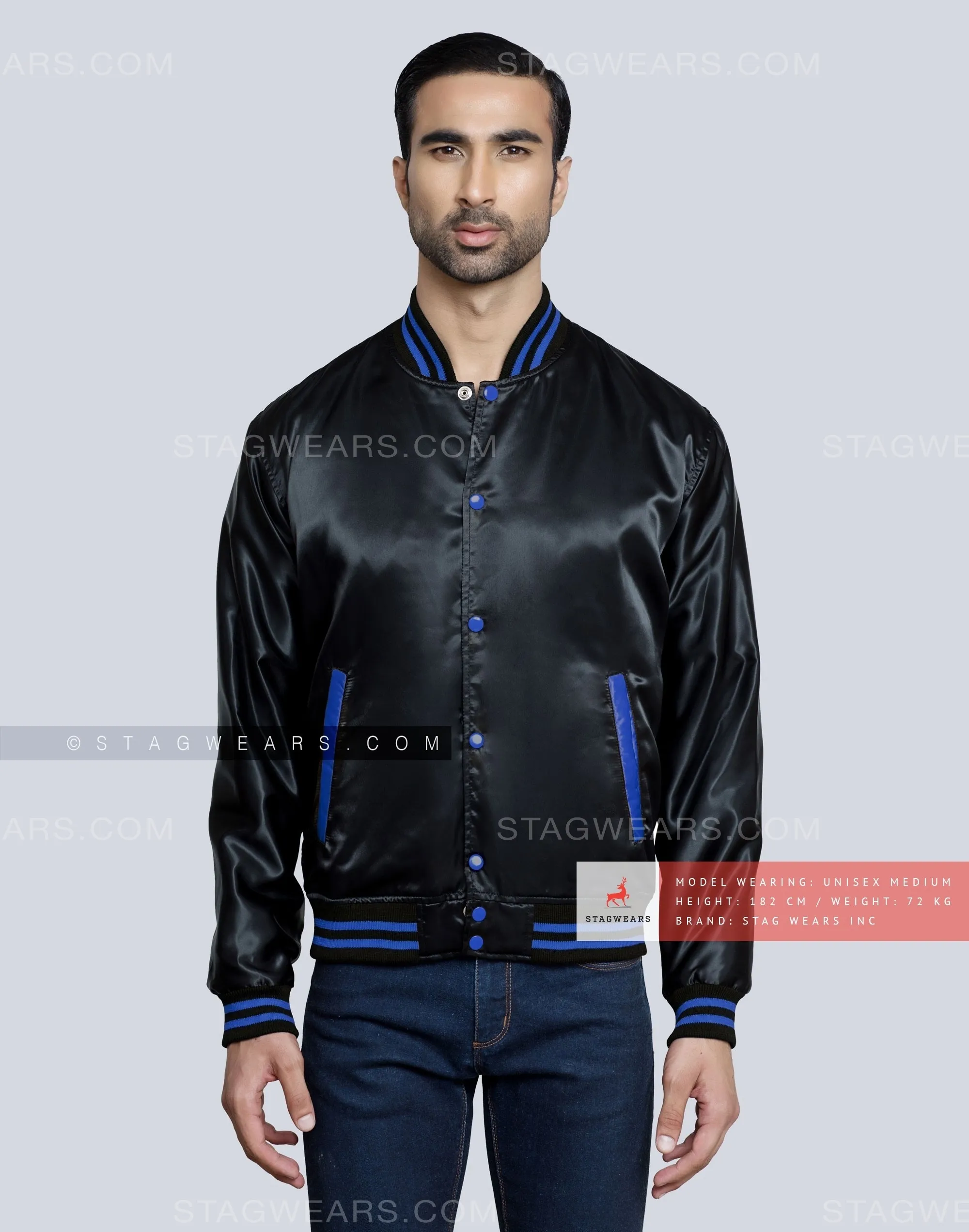 Black Satin Baseball Jacket with Royal Blue pockets and Knit lines