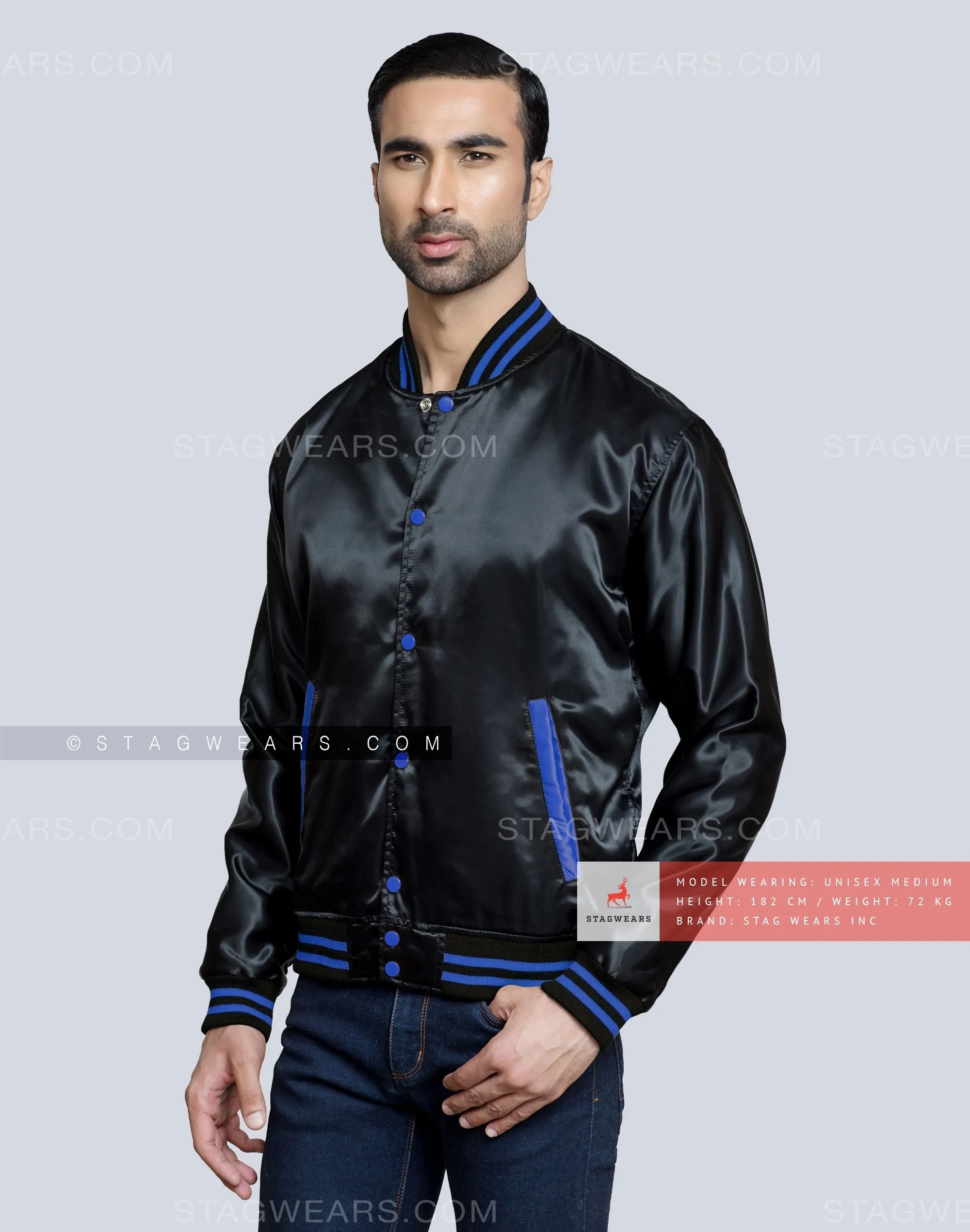 Black Satin Baseball Jacket with Royal Blue pockets and Knit lines