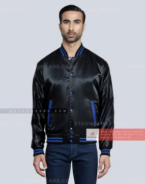 Black Satin Baseball Jacket with Royal Blue pockets and Knit lines