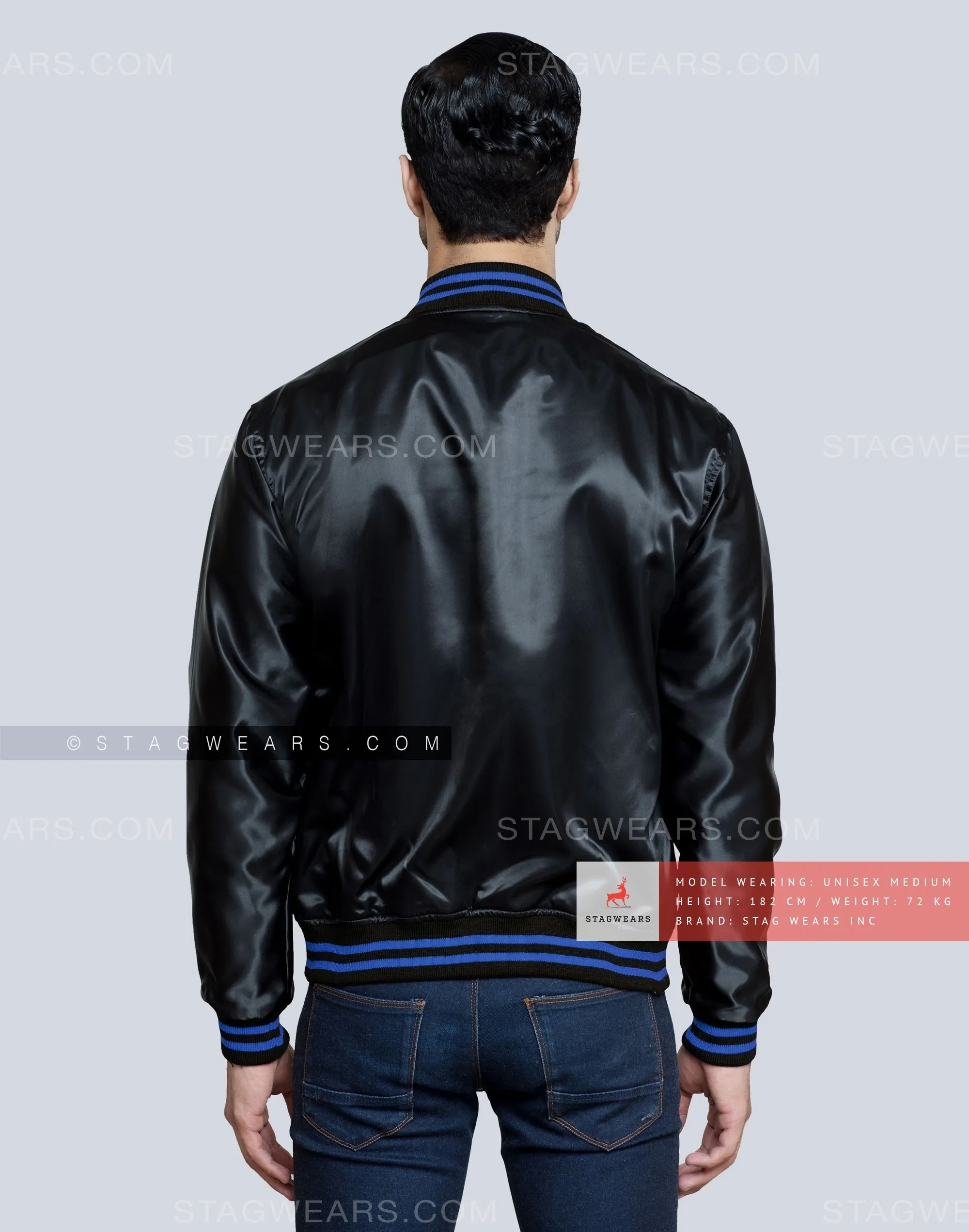 Black Satin Baseball Jacket with Royal Blue pockets and Knit lines