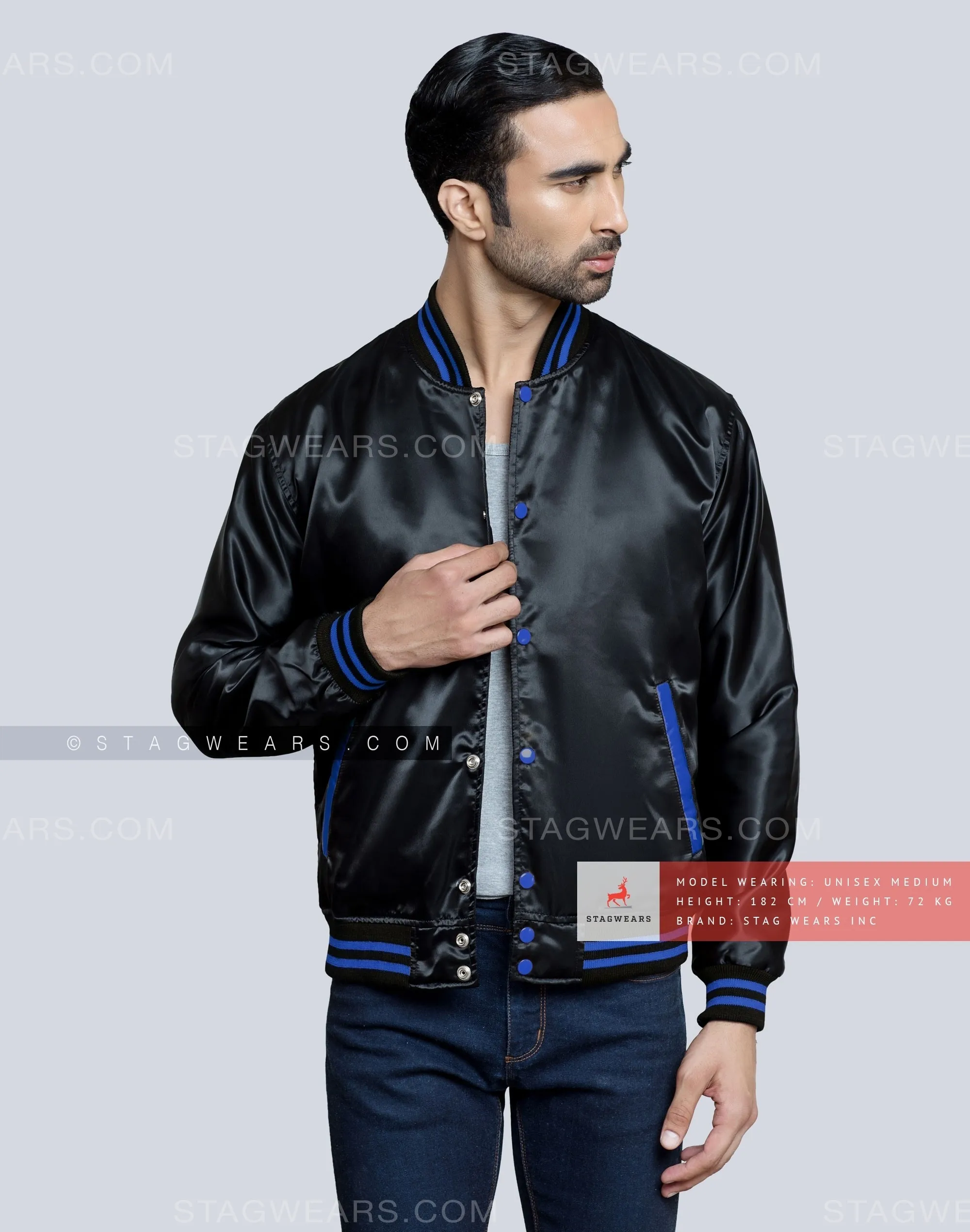 Black Satin Baseball Jacket with Royal Blue pockets and Knit lines