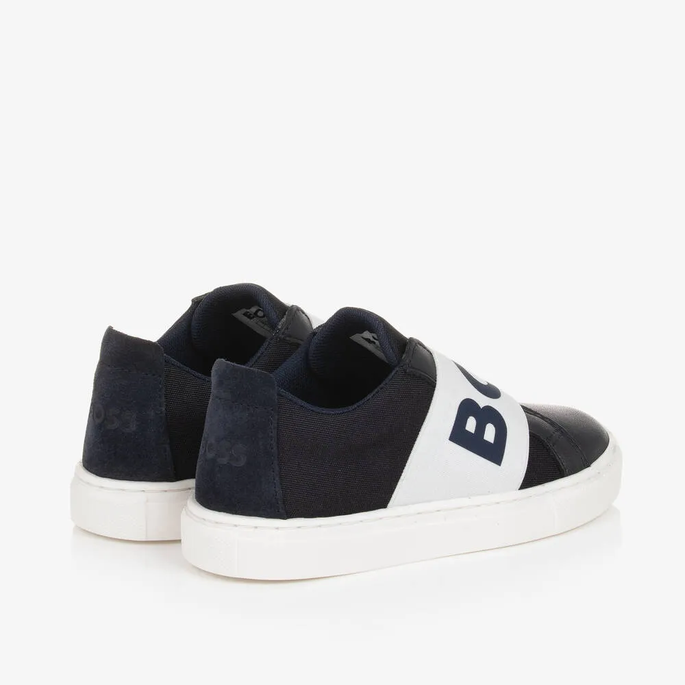 Boys Navy Blue Leather Trainers