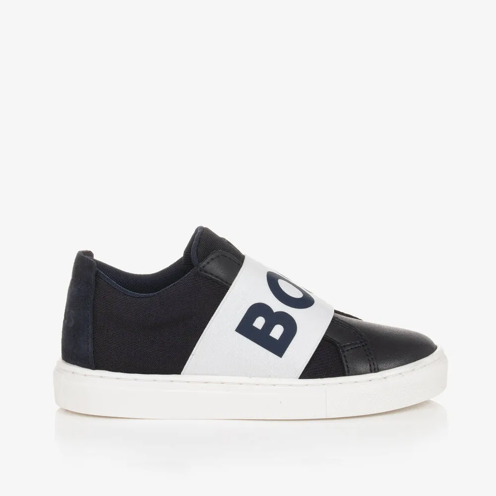 Boys Navy Blue Leather Trainers