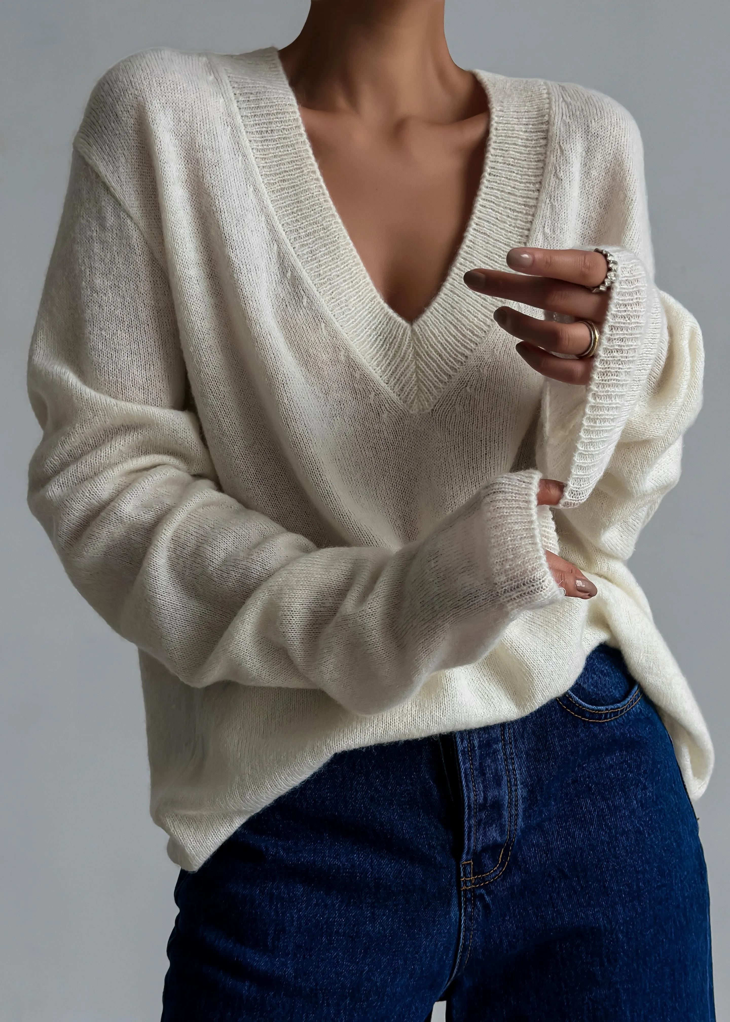 Brayden V Neck Sweater - Cream