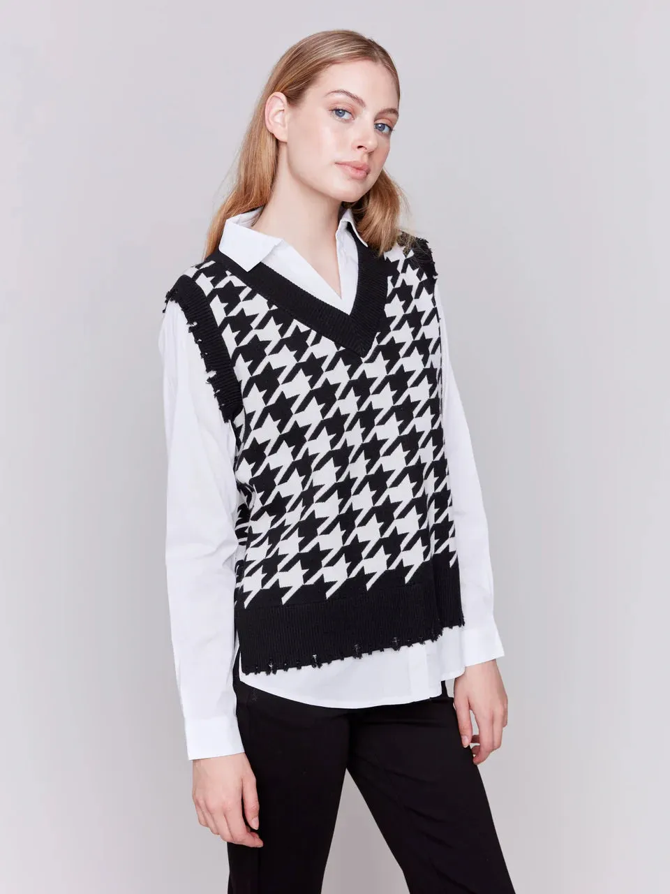 Charlie B Houndstooth Fooler Vest with Shirt Collar