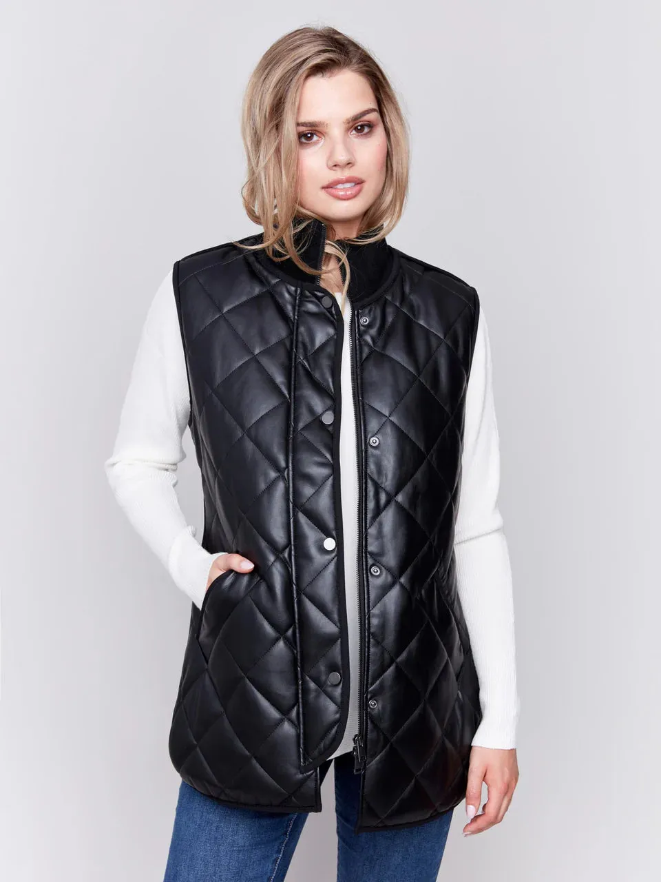 Charlie B Long Quilted Faux Leather Vest