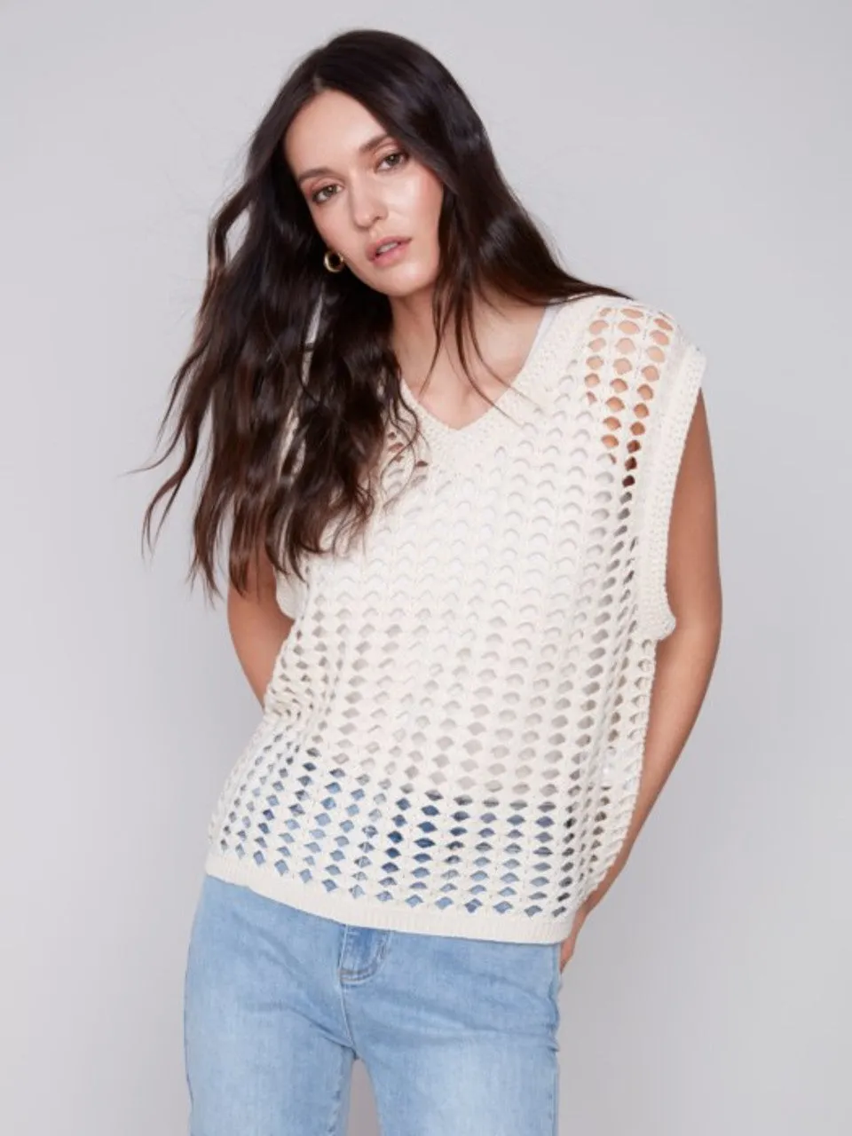 Charlie B V-Neck Crochet Sleeveless Drop-Shoulder Vest