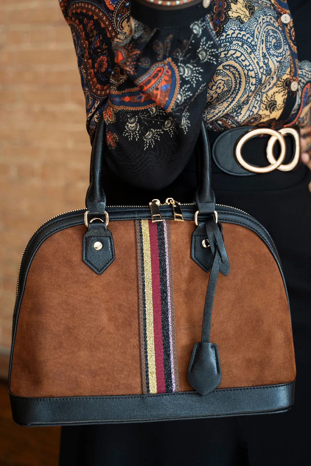 Cognac Suede Striped Shoulder Bag