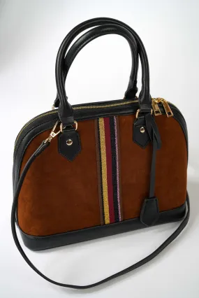 Cognac Suede Striped Shoulder Bag