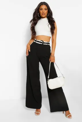 Contrast Stipe Belted Wide Leg Pants