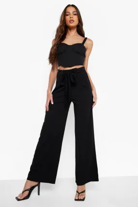 Crepe Tie Waist Wide Leg Pants