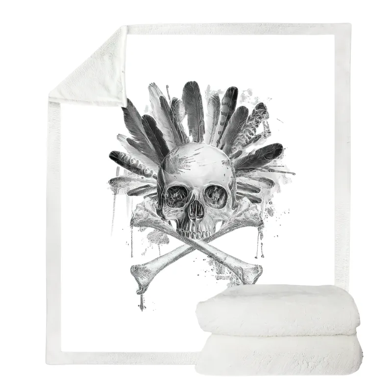 Gothic Plush Blanket With Print Skull One Piece Feathers / Unisex White Mystic Blanket