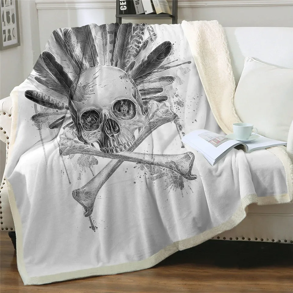 Gothic Plush Blanket With Print Skull One Piece Feathers / Unisex White Mystic Blanket