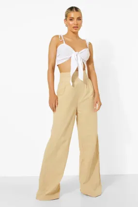 Linen Look Deep Waist Wide Leg Pants