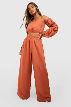 Linen Off The Shoulder Voluminous Sleeve Crop & Wide Leg Pants