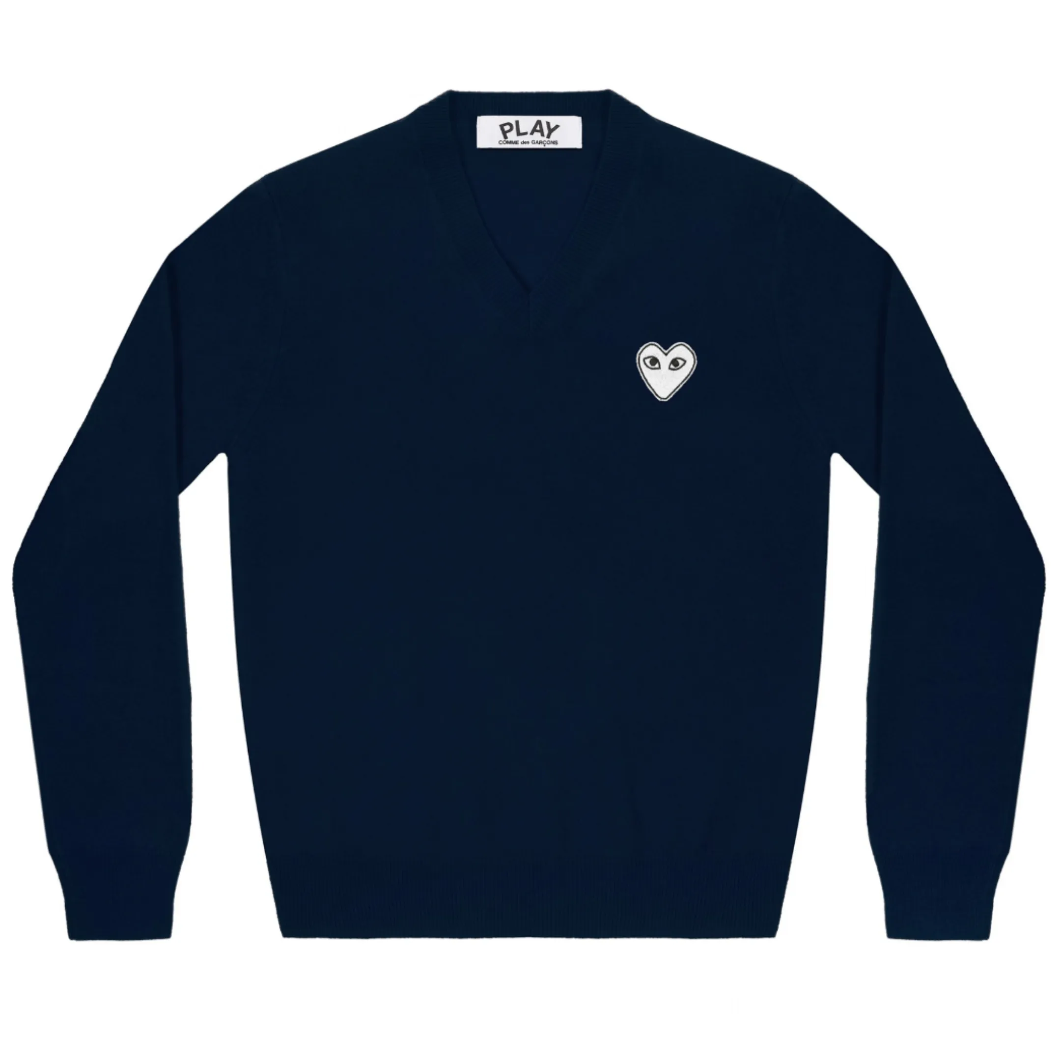 Men's COMME des GARONS PLAY White Heart V-Neck Sweater (Wool) - Navy