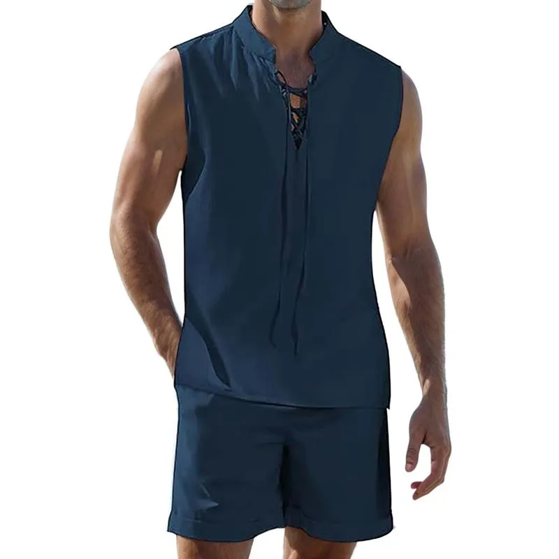 Men's Solid Color Linen Vest Shirt Lace-up Two-piece Set 69743538X