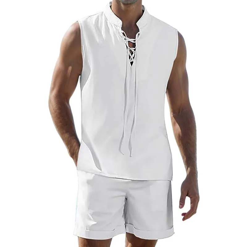 Men's Solid Color Linen Vest Shirt Lace-up Two-piece Set 69743538X