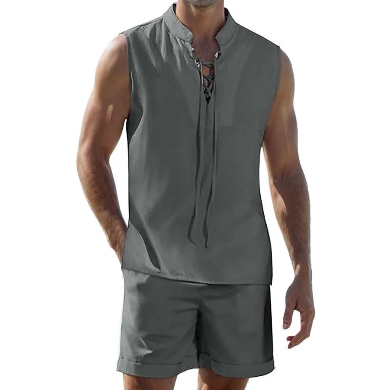 Men's Solid Color Linen Vest Shirt Lace-up Two-piece Set 69743538X