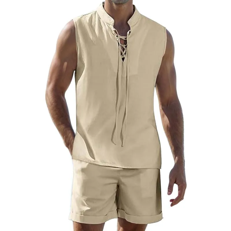 Men's Solid Color Linen Vest Shirt Lace-up Two-piece Set 69743538X