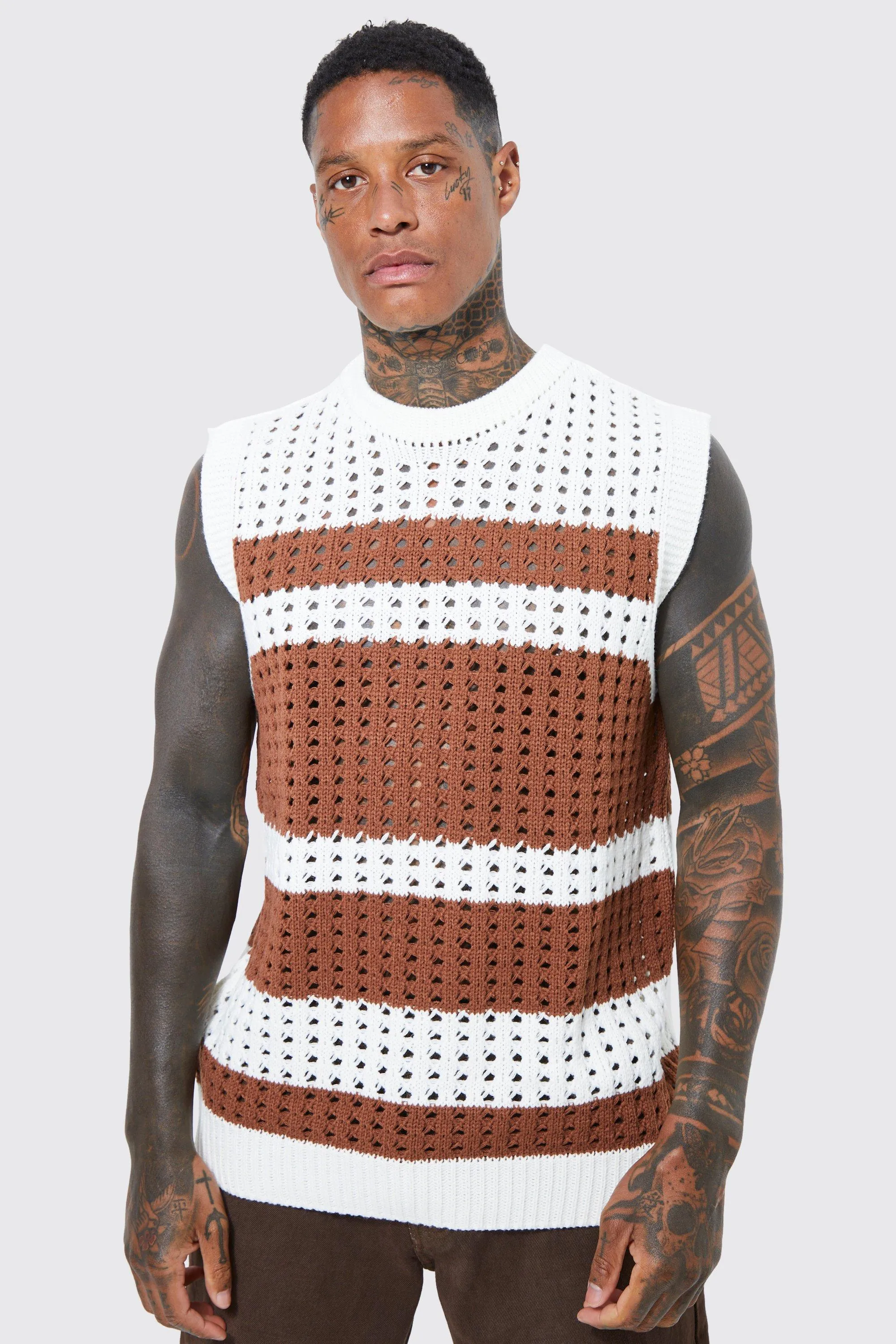 Open Stitch Stripe Crew Neck Vest | boohooMAN UK