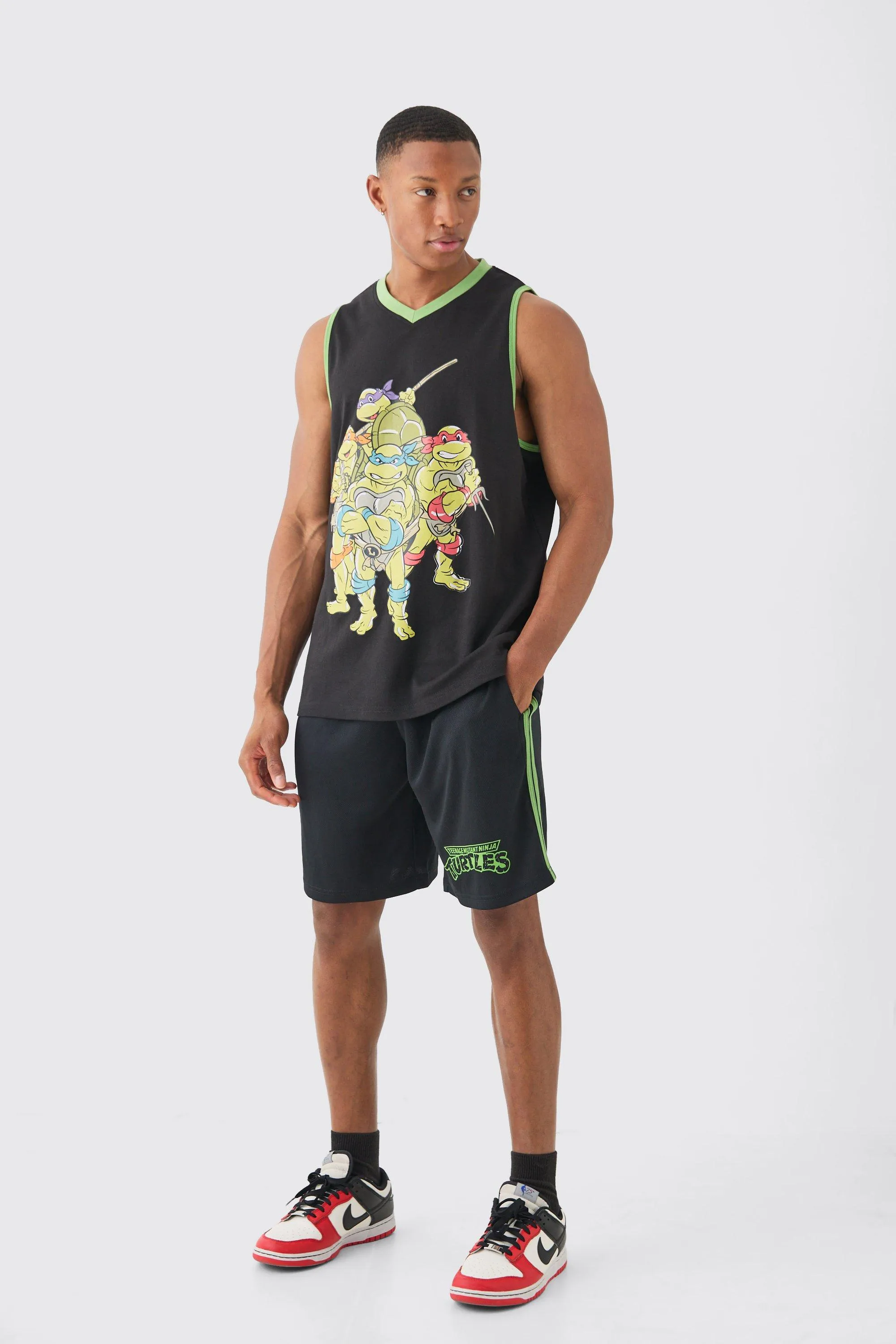 Oversized Ninja Turtles License Vest And Mesh Short Set | boohooMAN UK