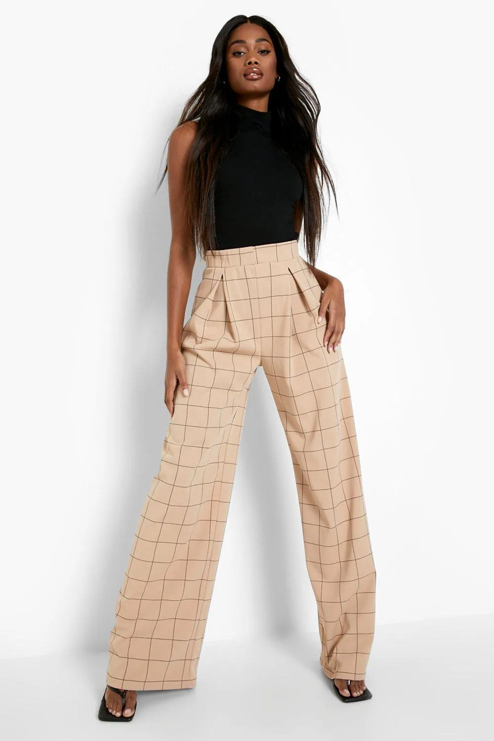 Plaid Pleated Wide Leg Work Pants