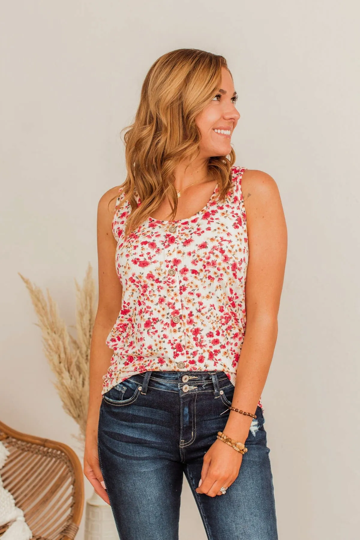 Pleasant Poppy Floral Tank- Ivory