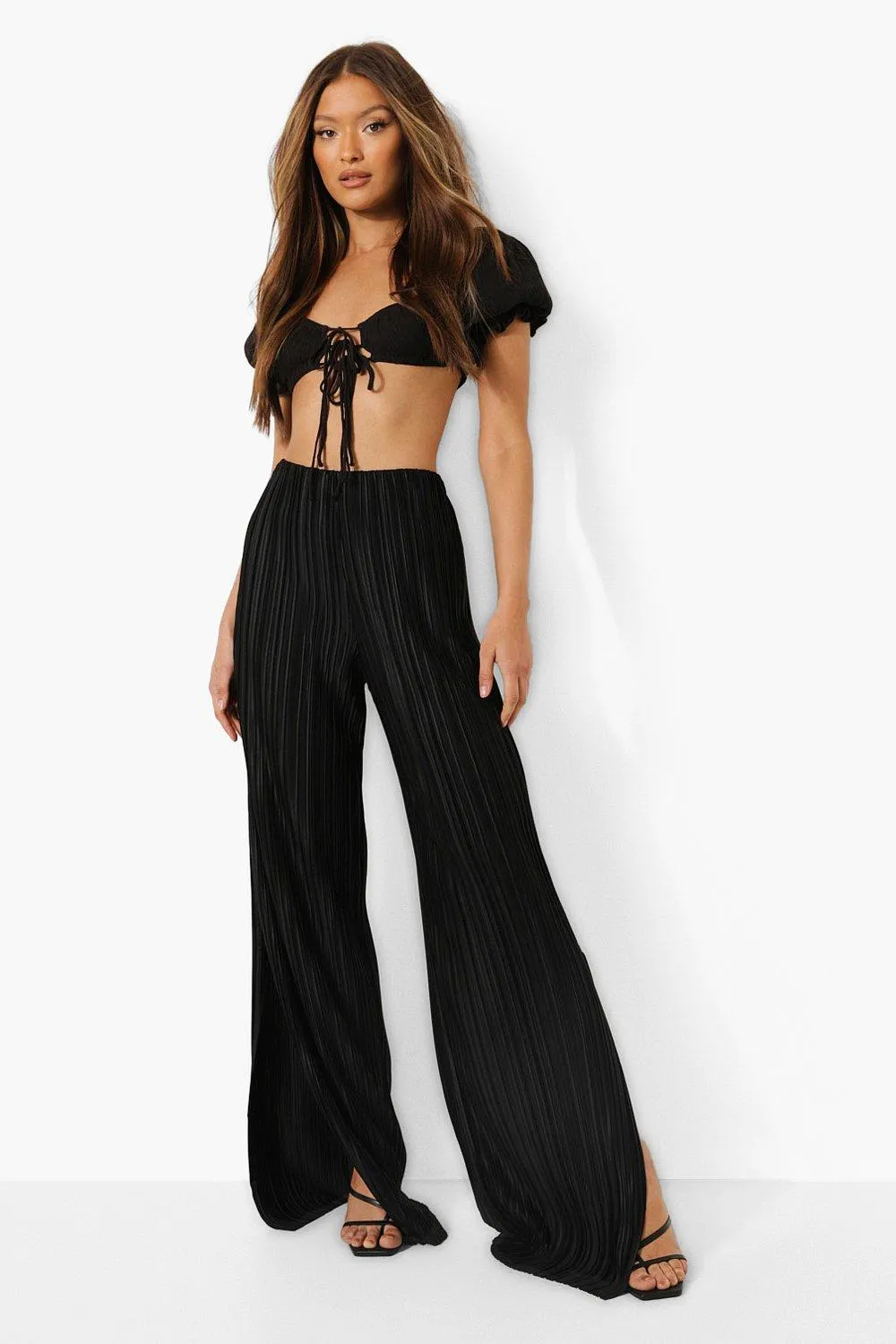 Plisse Split Leg Wide Leg Pants