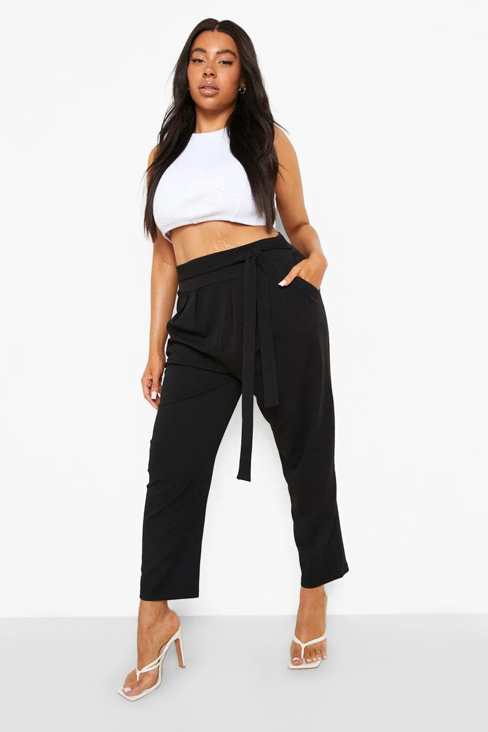 Plus High Waisted Pleated Belted Wide Leg Pants