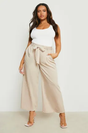 Plus Woven Tie Belt Wide Leg Pants