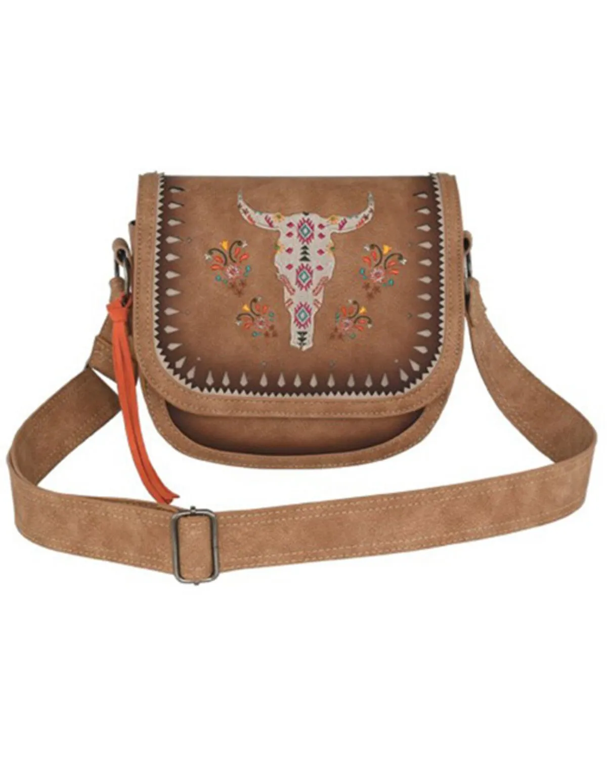 Product Name:  Catchfly Women's Long Horn Skull Embroidered Burnished Crossbody Bag