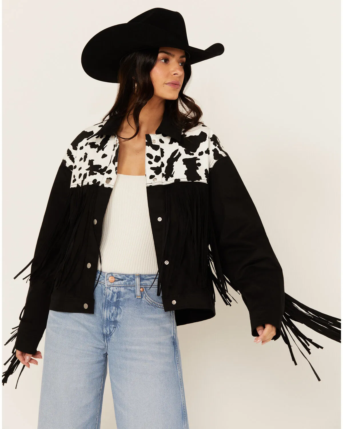 Product Name:  Saints & Hearts Women's Cow Print Fringe Jacket