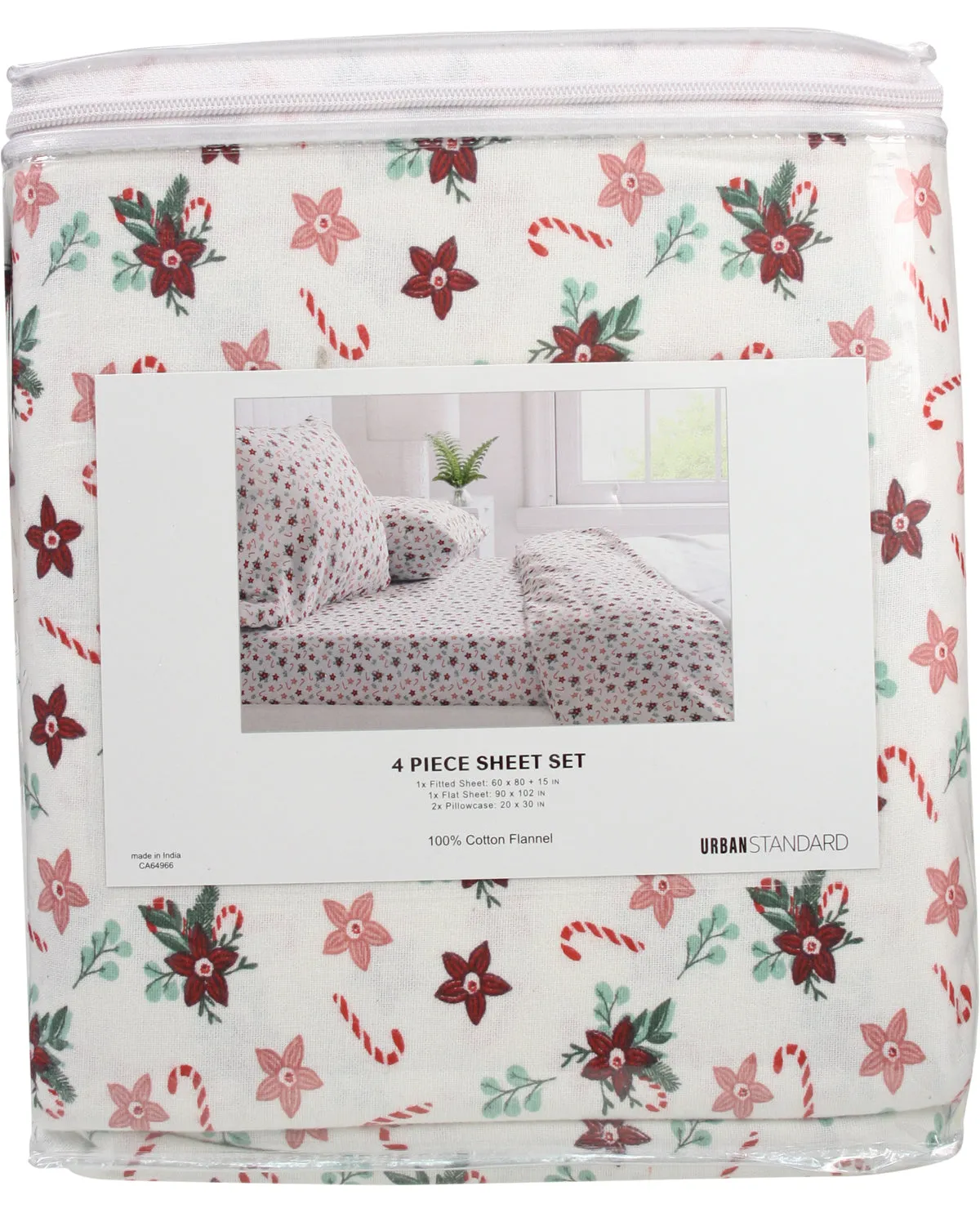 Queen Floral Candy Cane Holiday Flannel Sheet Set