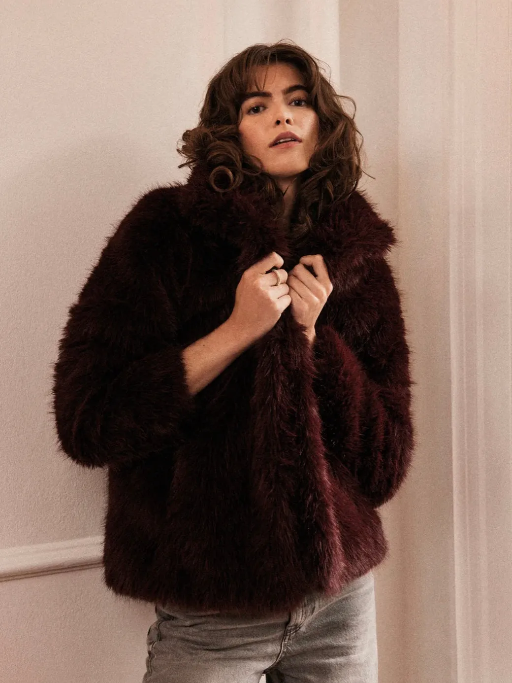 Sacs of Ashbourne   Issy London Halle Faux Feather Fur Jacket Berry