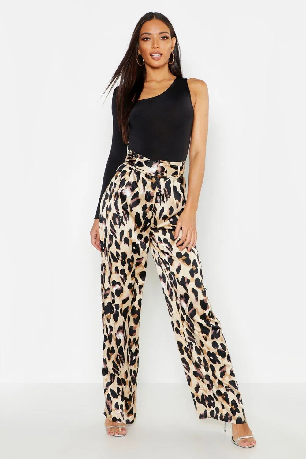 Satin Leopard Belted Wide Leg Pants