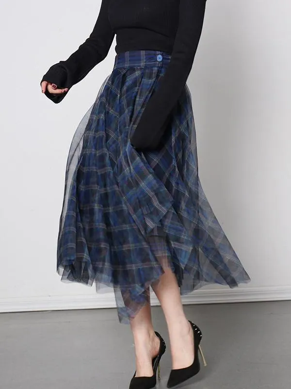 Scotland Plaid Overskirt High Waist Handkerchief Tulle Daily Casual Skirts