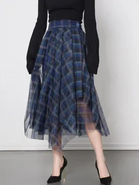 Scotland Plaid Overskirt High Waist Handkerchief Tulle Daily Casual Skirts