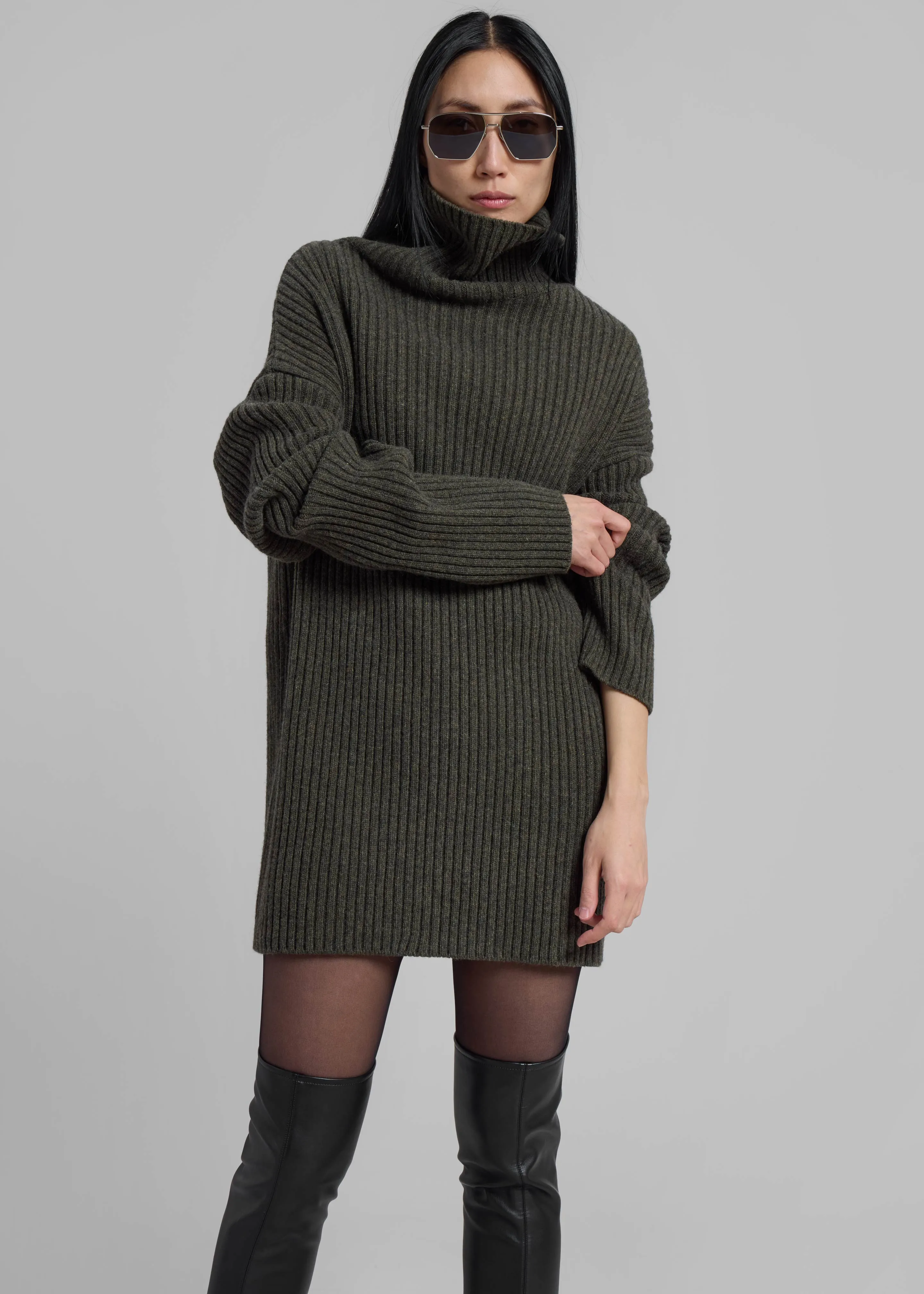 Thelma Ribbed Sweater Dress - Khaki