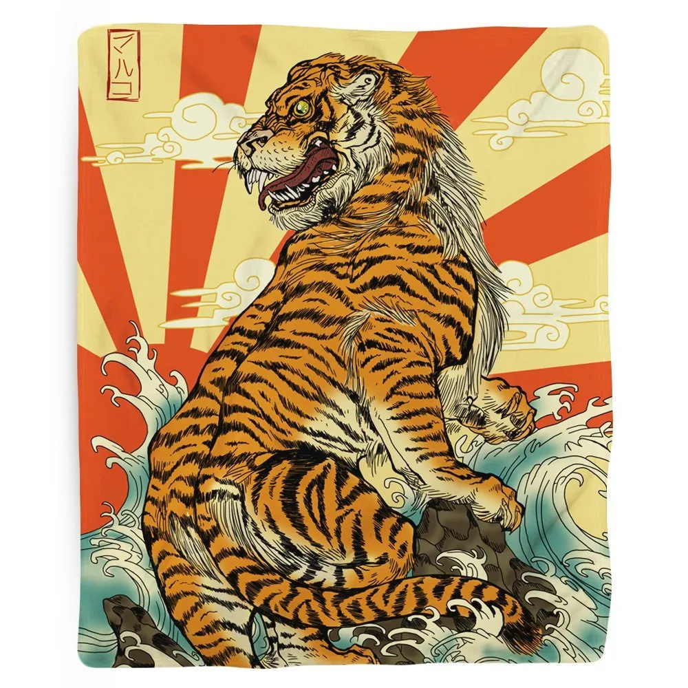 Tiger Blanket, Japanese Fleece Blanket, Tiger Art, Beach Theme, Japanese Art, Beach Theme, Rising Sun, Mancave Decor, Orange Red