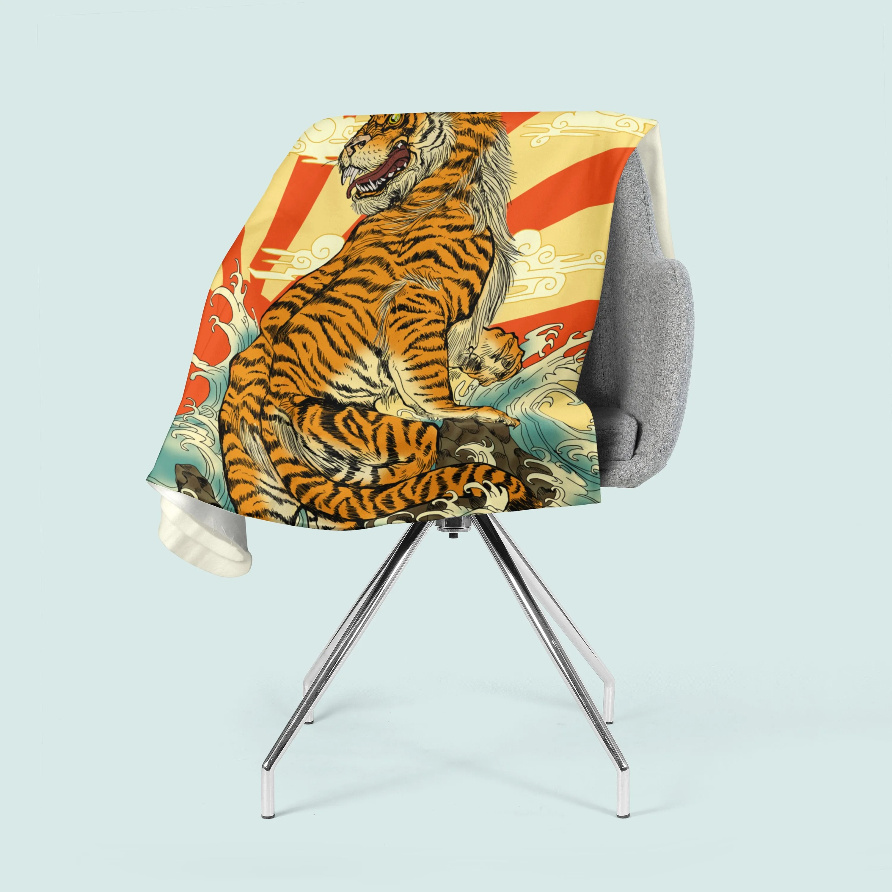 Tiger Blanket, Japanese Fleece Blanket, Tiger Art, Beach Theme, Japanese Art, Beach Theme, Rising Sun, Mancave Decor, Orange Red