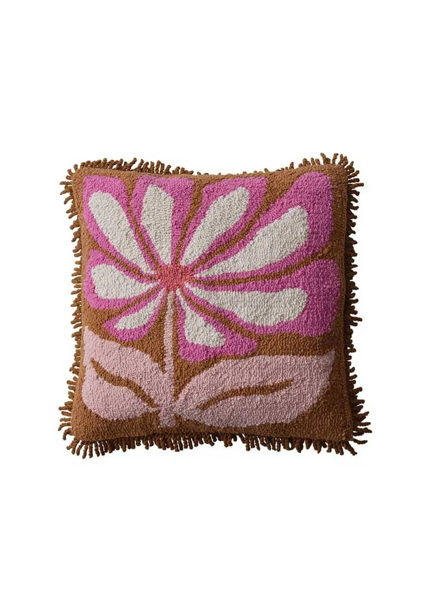 Tufted Flower Fringe Pillow - Pink & Mustard