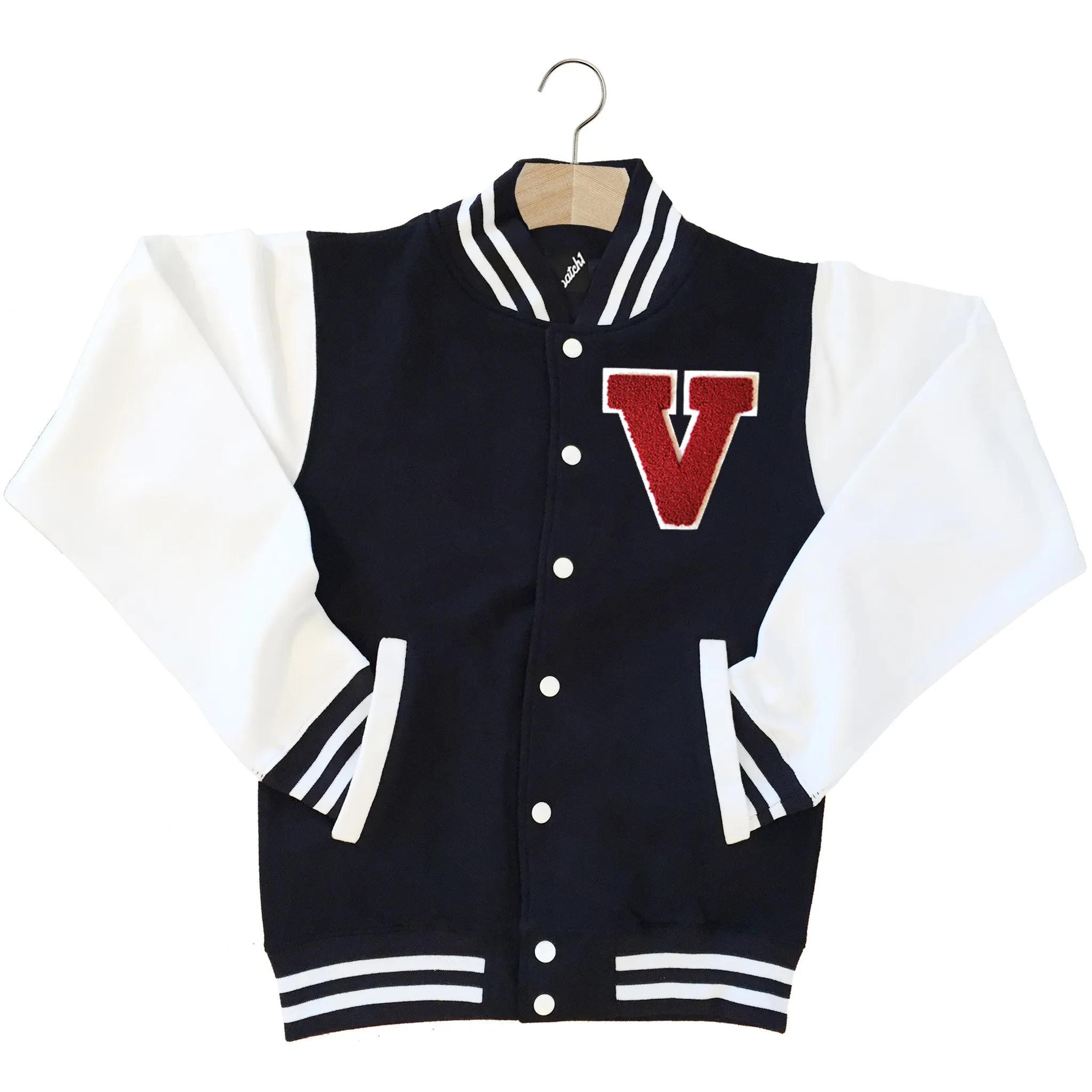 VARSITY BASEBALL JACKET UNISEX PERSONALISED WITH GENUINE US COLLEGE LETTER V