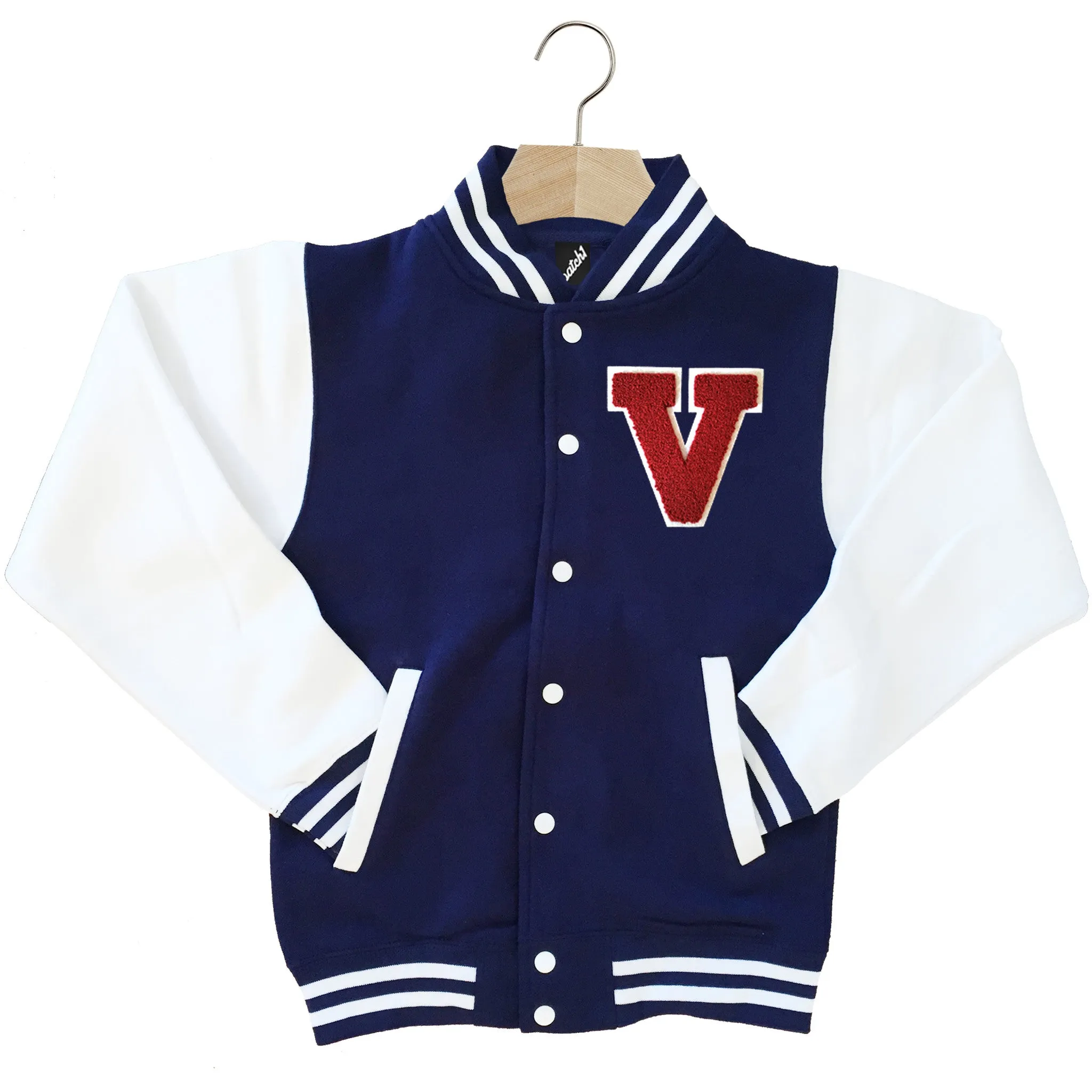 VARSITY BASEBALL JACKET UNISEX PERSONALISED WITH GENUINE US COLLEGE LETTER V