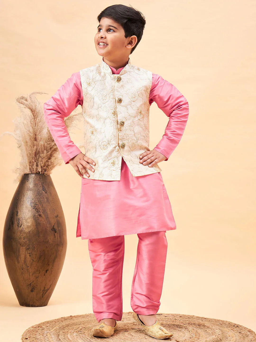 VASTRAMAY Boy's Beige Woven Nehru Jacket With Pink Kurta Pyjama Set