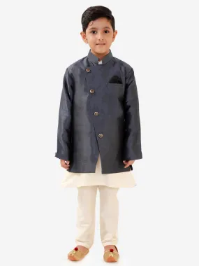 Vastramay Boys' Grey Silk Blend Jacket, Kurta and Pyjama Set