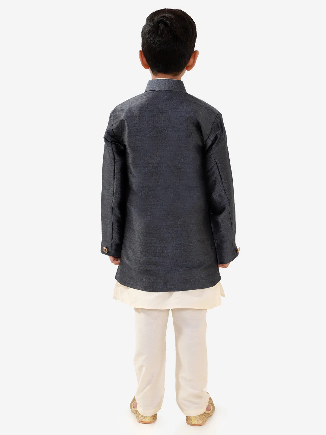 Vastramay Boys' Grey Silk Blend Jacket, Kurta and Pyjama Set